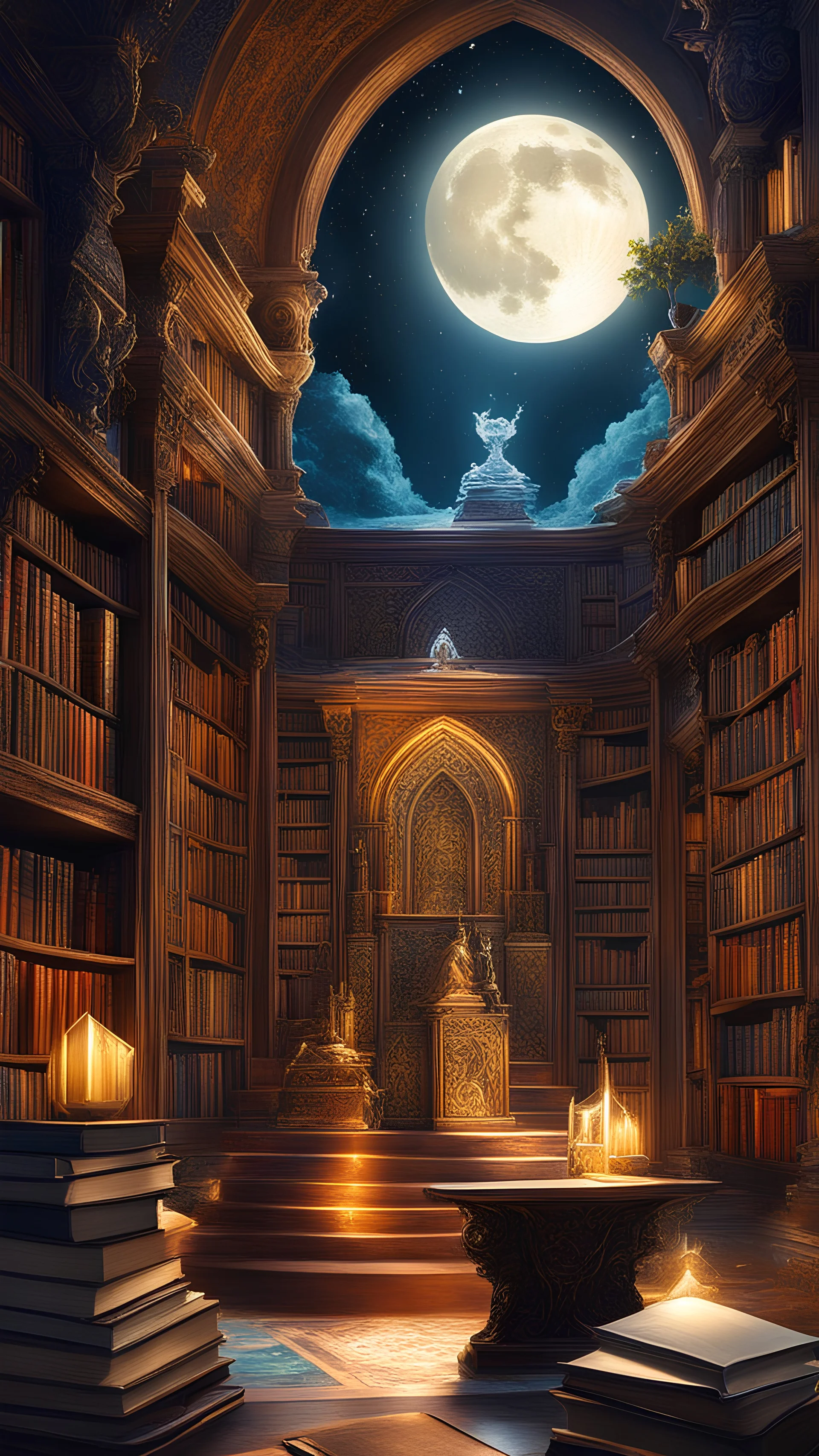 Depict a mystical guardian of a magical library, surrounded by floating books and artifacts. Use rich, warm colors and intricate designs to convey a sense of ancient knowledge and wonder. moon light and some evil ambition