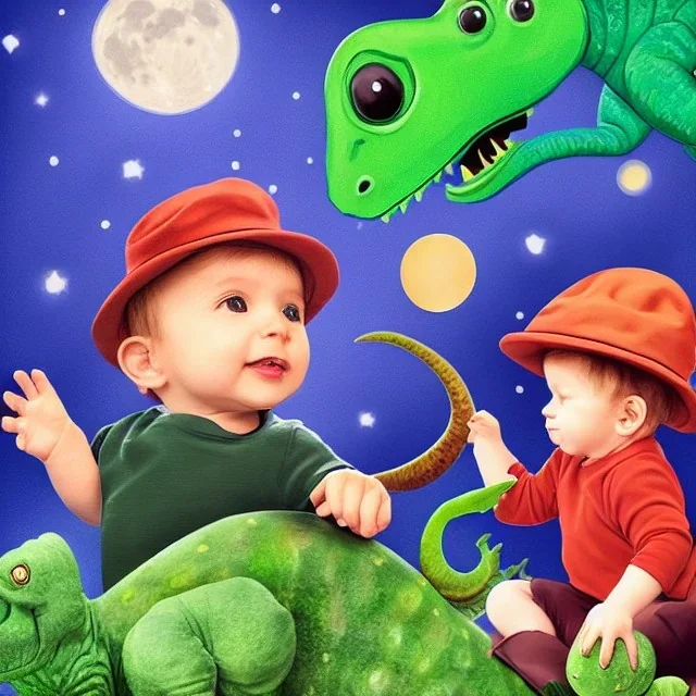 1yo little szymon is on safari onthe moon. petting a green dinosaur. he has big binoculars and a funny hat. High detailed. Cinematic. Digital painting. Warm lights.