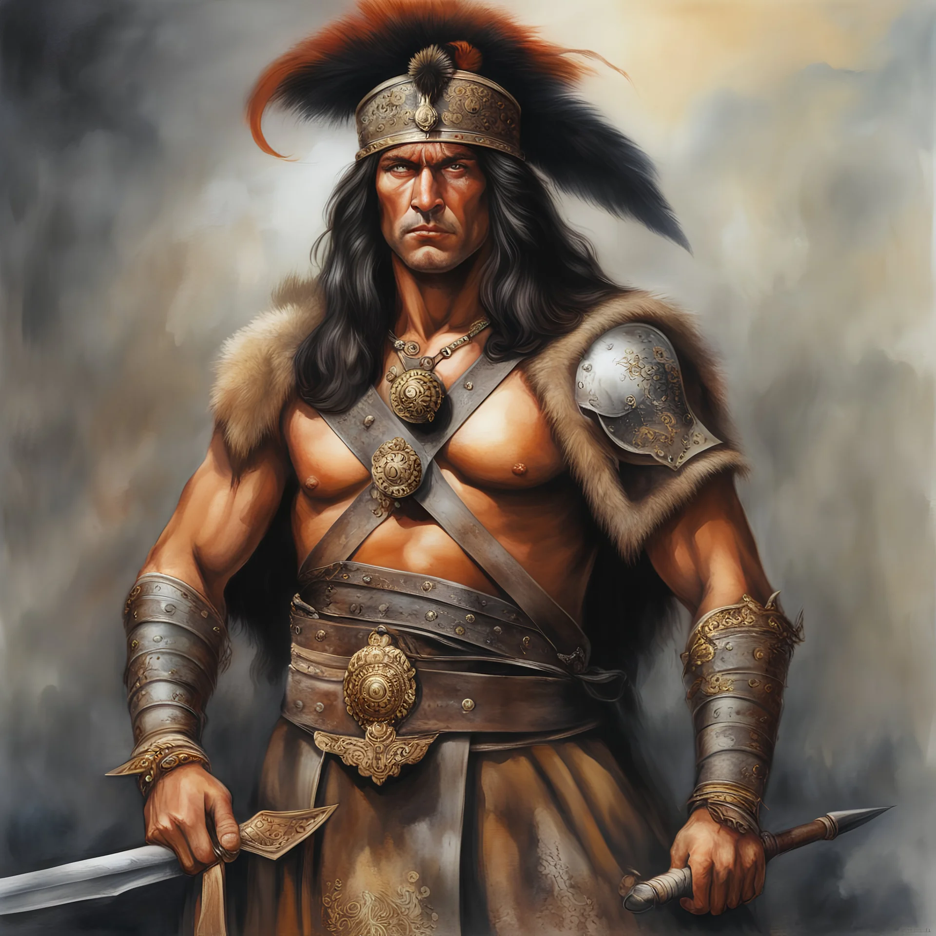 Conan the Barbarian dressed as an 18th century British soldier, dark, multicolored watercolor stained wall in the background, oil painting in the art style of Boris Vallejo, 32k UHD, Hyper realistic, photorealistic, realistic, sharp, highly detailed, professional quality, beautiful, awesome, majestic, superb, trending on artstation