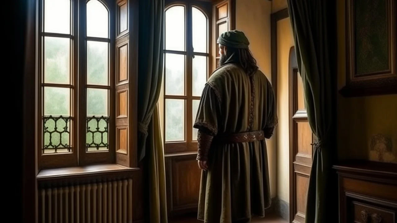 Rear view of an Andalusian commander standing and contemplating in his room in front of the window in the year 1490