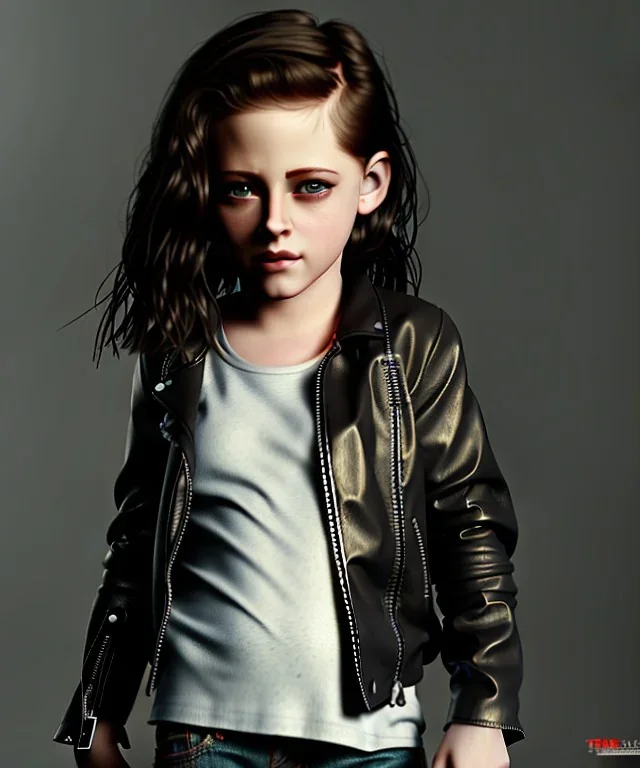 Kristen stewart toddler, full body, leather jacket, dramatic lighting, hyper realistic