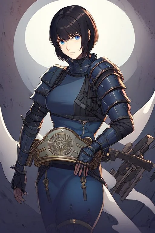 Motoko Kusanagi from "Ghost In The Shell (1995)", clad in medieval stell plate armour, melancholic, alone, blue eyes, perfect, beautiful, black hair, correct proportions, androgynous