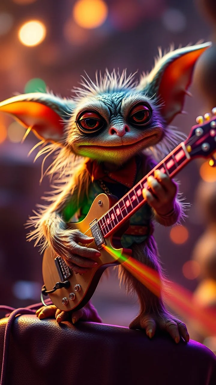 a fuzzy muppet show gekko gremlin rock star with space laser guitar in the style of Escher, bokeh like f/0.8, tilt-shift lens 8k, high detail, smooth render, down-light, unreal engine, prize winning