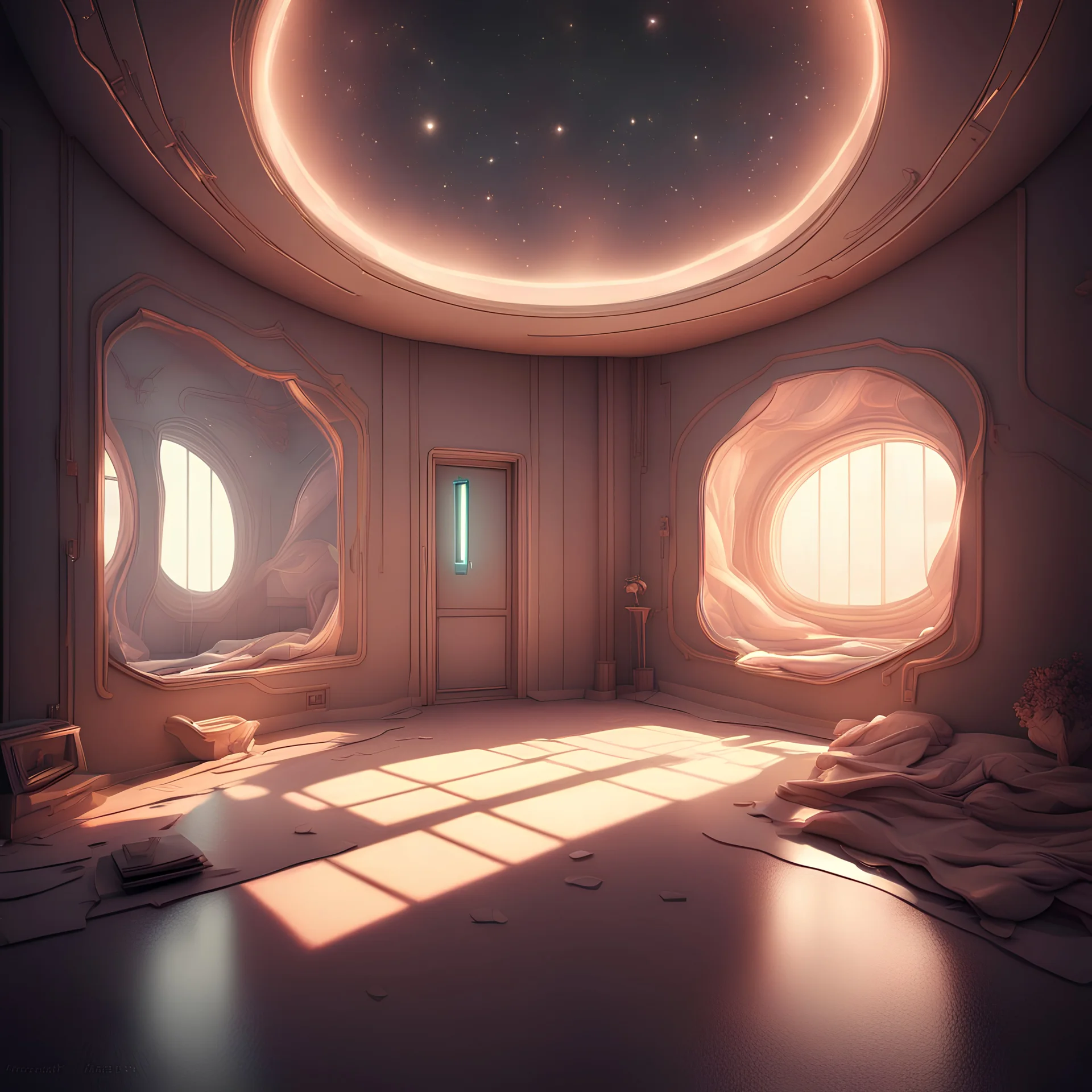 Extinguished by light turn on the night, turning the inside out, Style by Amir Zand, surreal masterpiece, sharp focus, muted colors, smooth, sci-fi interior