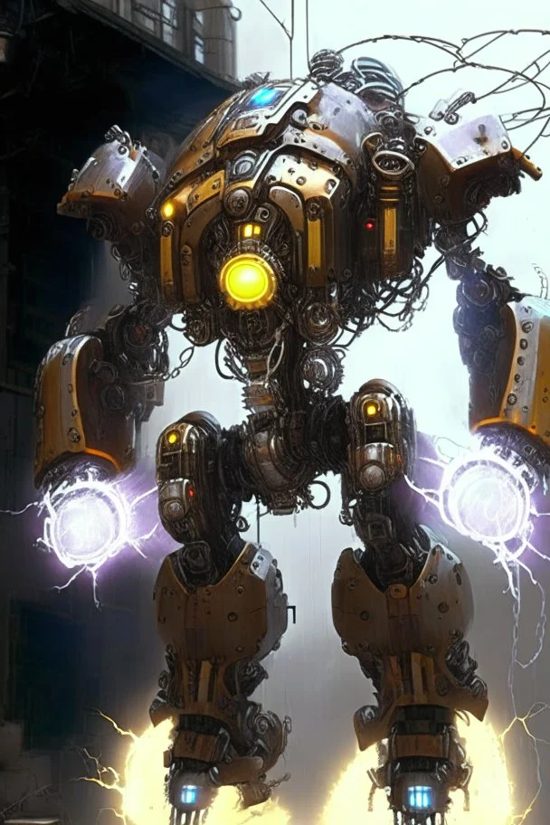 huge mechanical robot exosuit make electricity lightning coming from it, steampunk exosuit