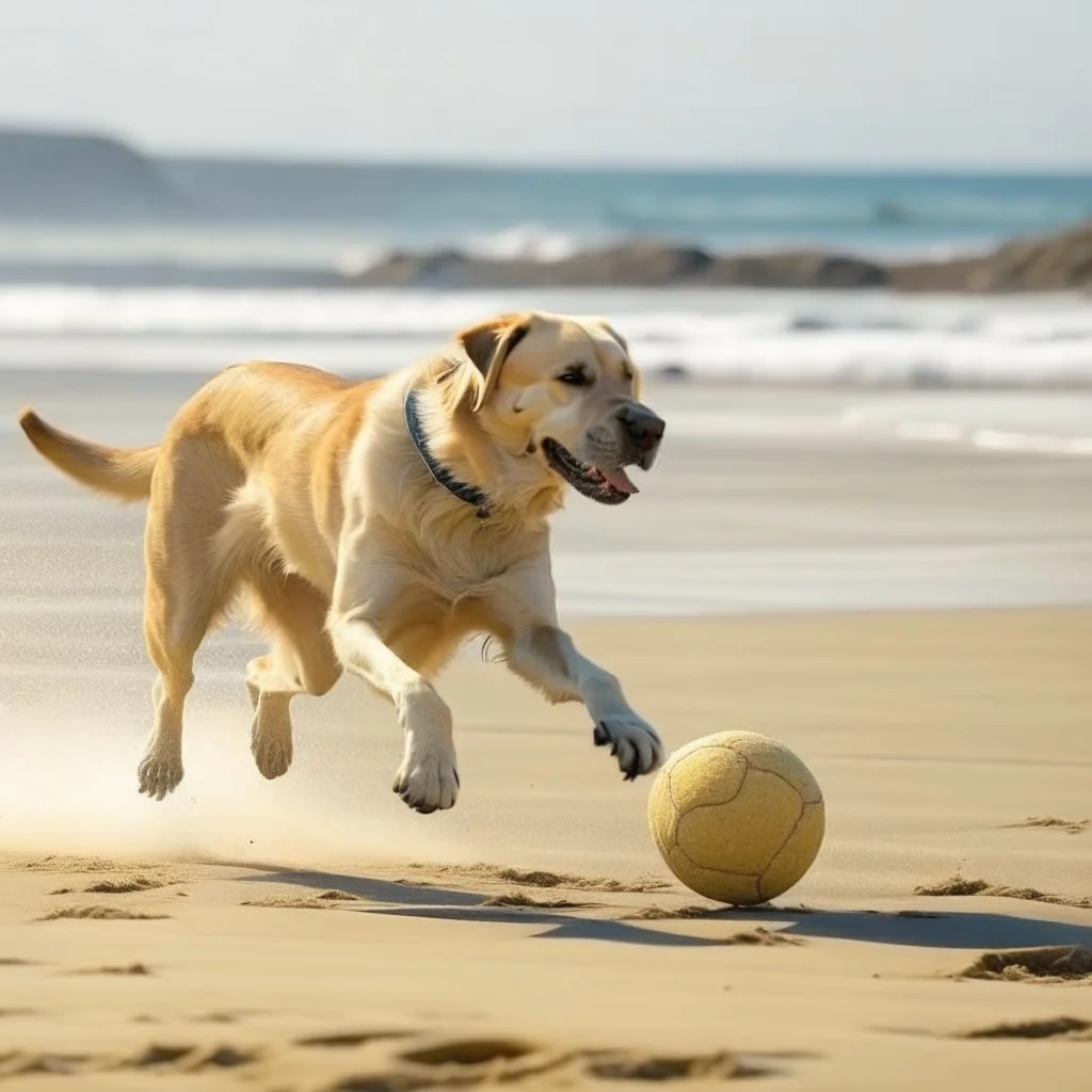 a dog on the beach playing football