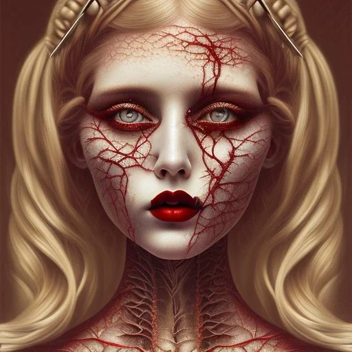 singer Danish MØ face, style surrealism by <Mark Ryden>, blood, hair guts, darkred tones,