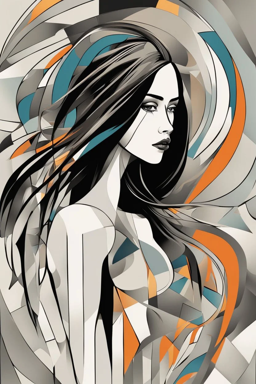 Neo Surrealism, whimsical art, Analytical Cubism Illustration Design a perfect pretty girl, black long hair, Split-Complementary color guide, Plasma Energy Texture, abstract background, girl, Pose with movement, often for geometric deconstruction, monochromatic palette, or fragmented forms.