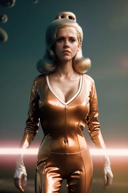 Ultra Realistic retro sci-fi portrait image from 1960, New York, spaceship, sweet young Jane Fonda, tight latex suit, weapon, fighting stance, soft color, highly detailed, unreal engine 5, ray tracing, RTX, lumen lighting, ultra detail, volumetric lighting, 3d, finely drawn, high definition, high resolution.