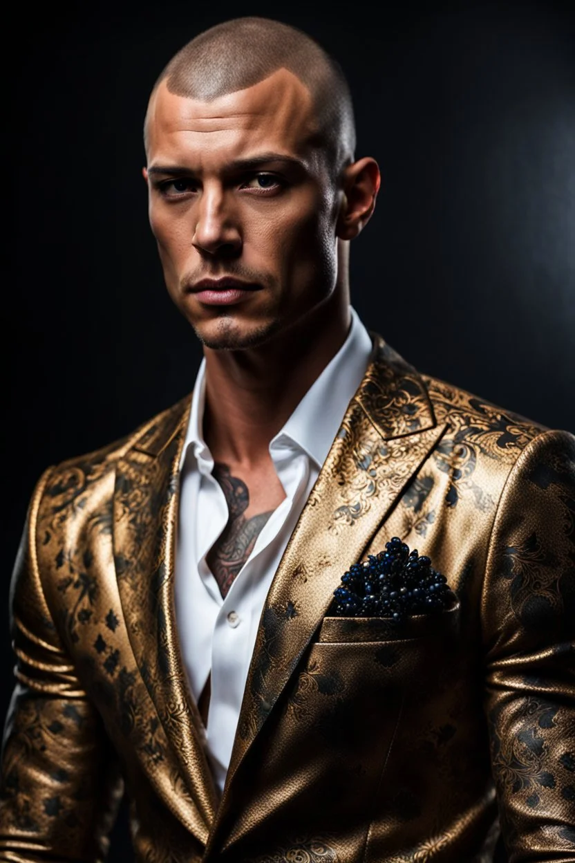 portrait of a 35 year old Handsome muscular male with light bronze skin adorned with tattoos. buzz cut hair. wearing an expensive suit. photorealistic