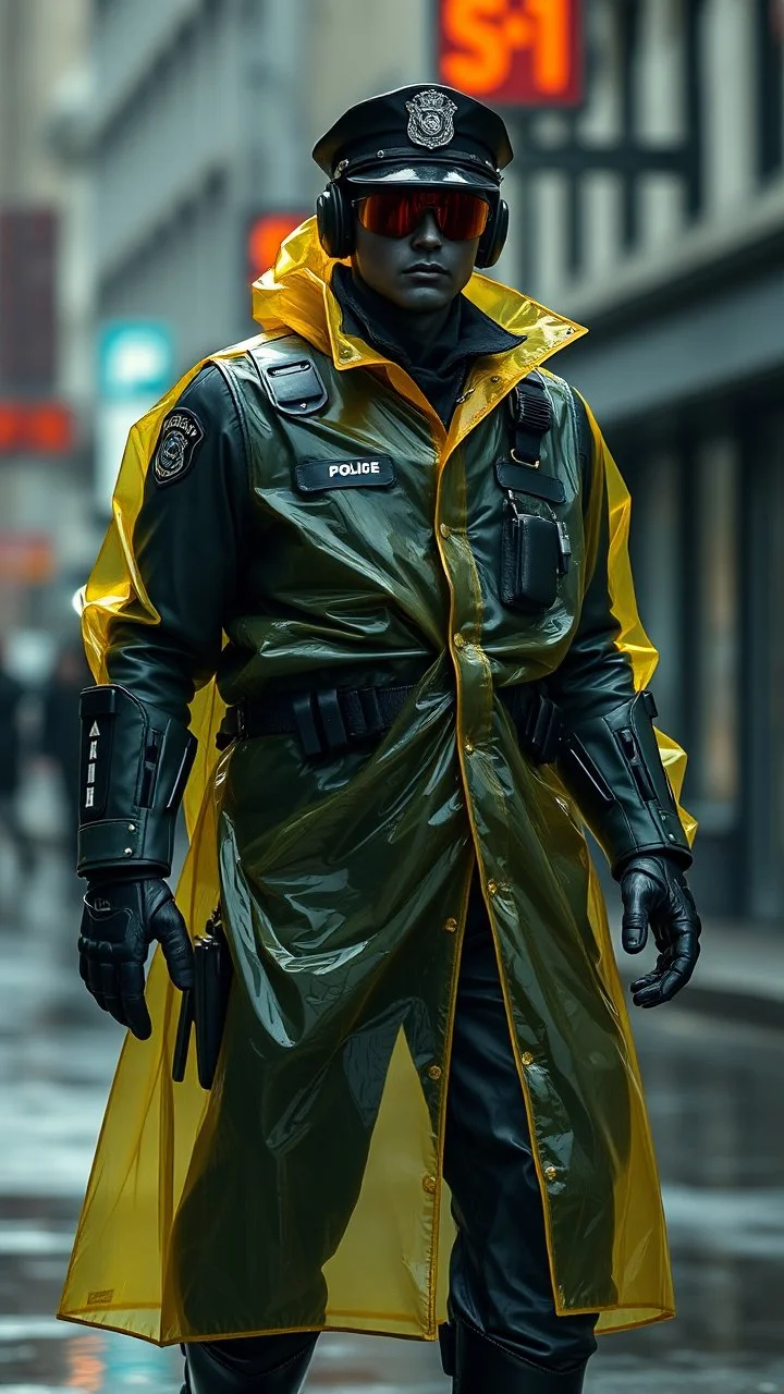 retro futurist, nypd full body color 1920 black policeman with external exoskeleton wtih heavy yellow rain transparent coat