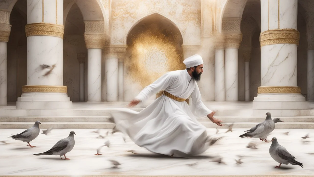 Hyper Realistic Sufi Whirling on stone floor with white & Golden Islamic Sufi Rustic Grungy Background outside white marble Islamic monument with pigeons flying