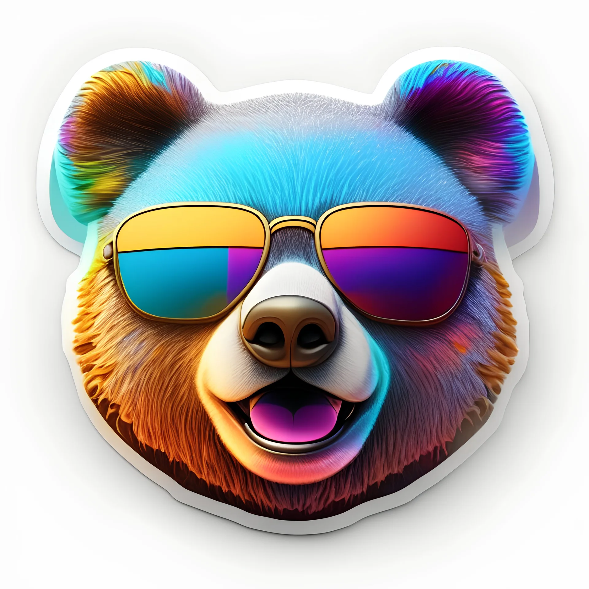 sticker on white background, surreal 3d Head of a multicolor happy Bear with sunglasses, psychedelic art, octane render, unreal engine 5, funny, smiling, funny