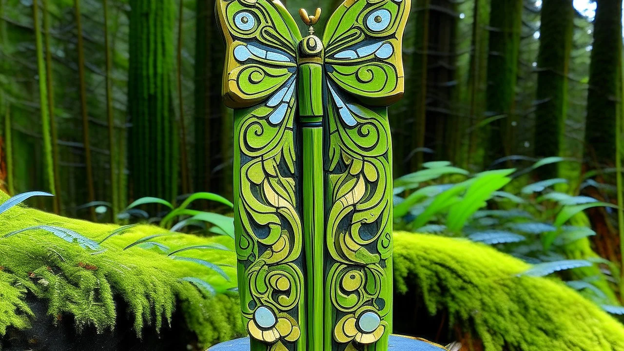 An olive green nature elemental butterfly designed in pacific Northwest totem poles painted by Hashimoto Gaho