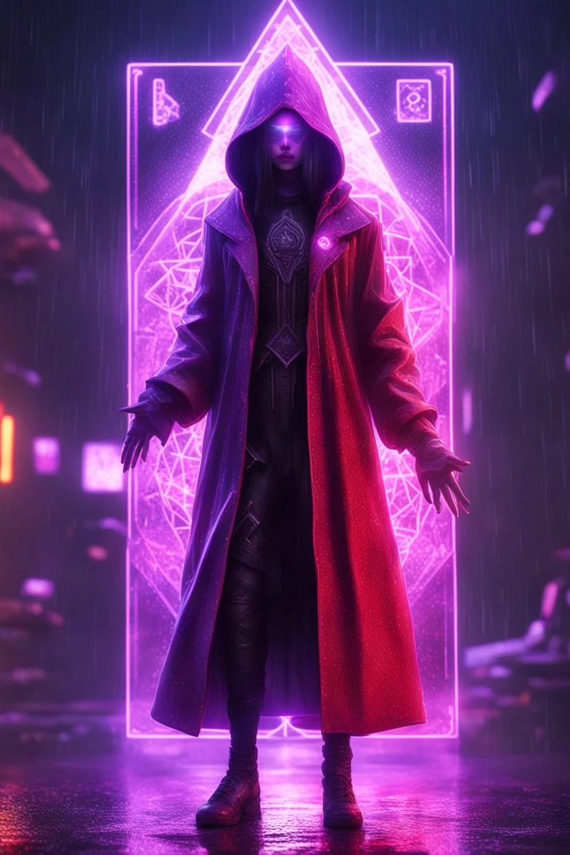 Lense flare,pencil outline,Volumetric fog cultist lord lights,paradise sacred geometry framed playing card, black, red, spore and purple neon cyber punk dancer priestess teurgist in soaked rain coat shadows boss card in the style of escher and fallout 4 ,,bokeh like f/0.8, tilt-shift lens 8k, high detail, smooth render, down-light, unreal engine