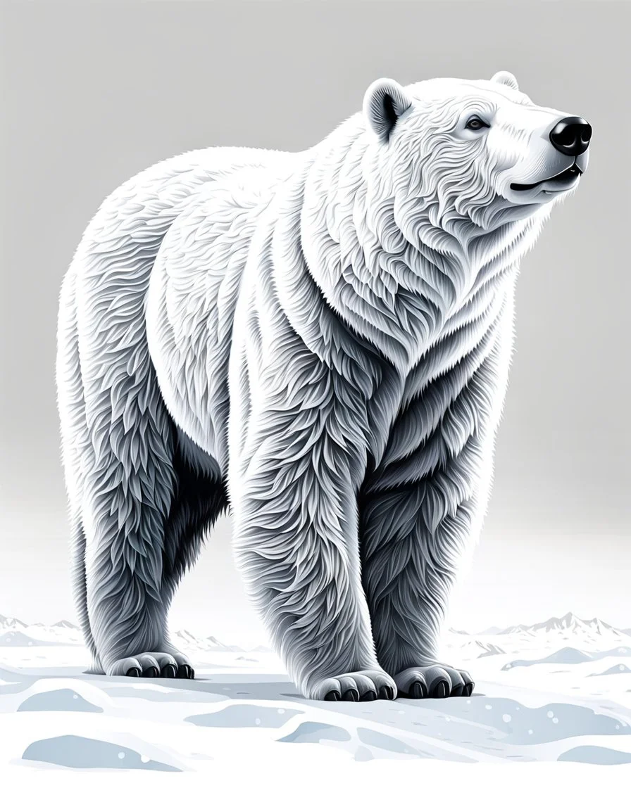 Fondo blanco Art illustration lineal polar bear, nieve, calidad ultra, hiperdetallado, 12k, fondo blanco, color blanco y negro full body