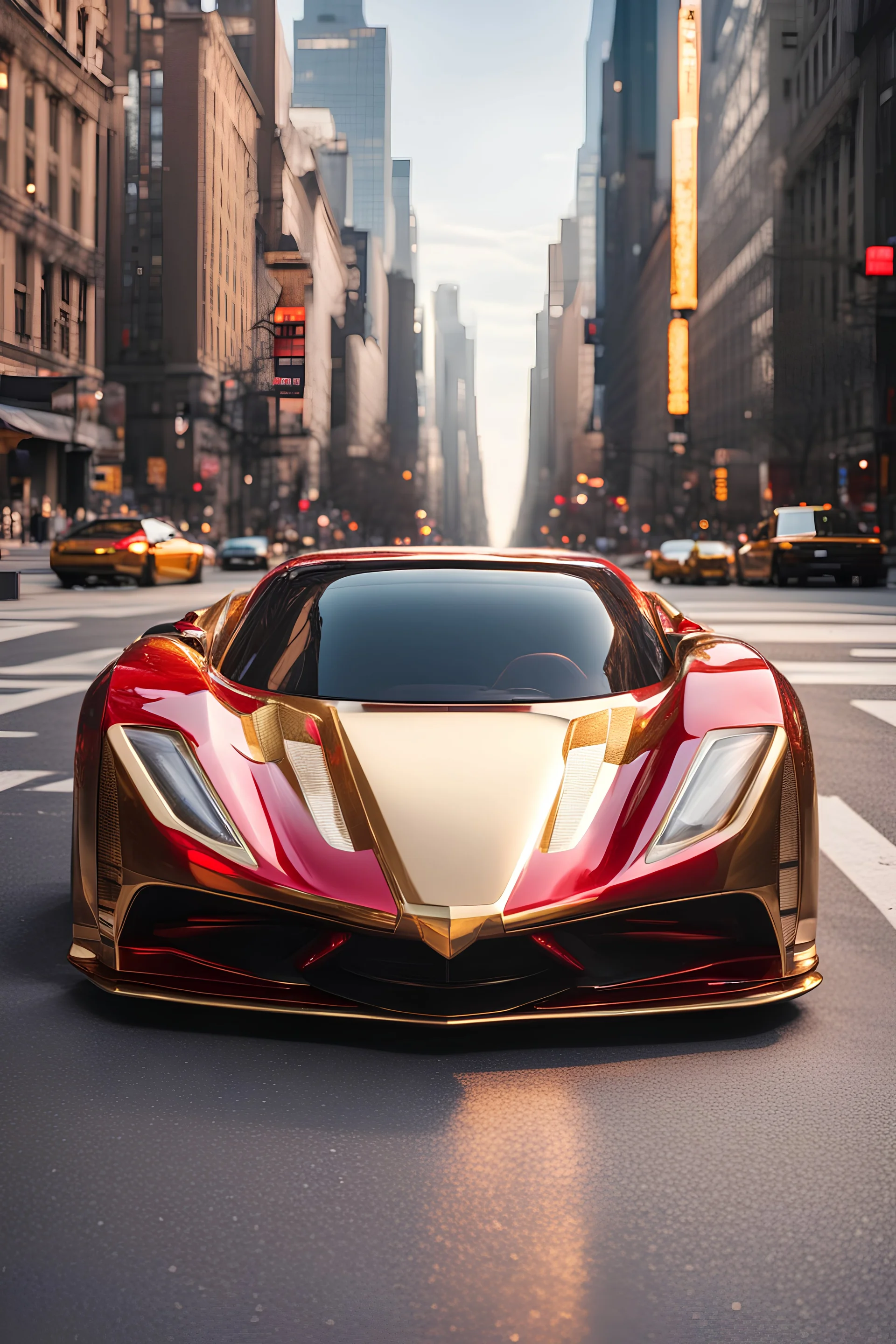 creates a concept supercar in '80s style with a retro-futuristic bodywork in red-gold and silver on a street of New York, with a bright sky