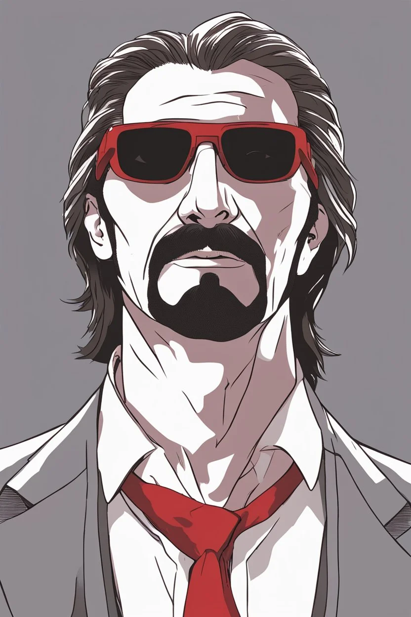 an muscular and menacing Hans Gruber wearing red-tinted glasses