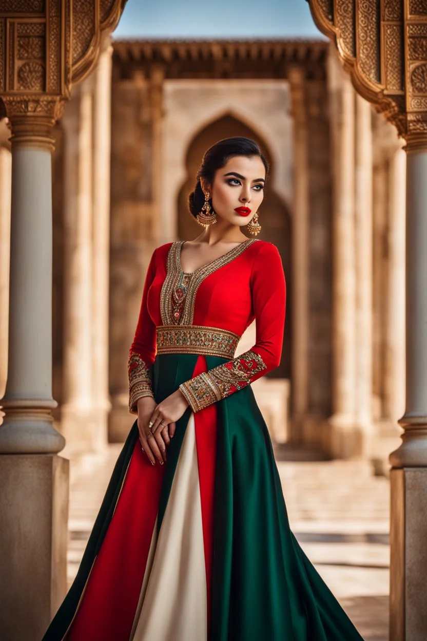 full body, young ralistic woman Portrait, detailed eyes, with spectacular red lips, Eyeliner "beautiful eye" with clear eyebrows, dress with a narrow waist, modest jewelry with subtle eyeliner, centered, symmetry, intricate, volumetric lighting, beautiful, rich deep colors masterpiece, sharp focus, ultra detailed, 8K, dslr, no crop, grand ballroom background, normal eyes