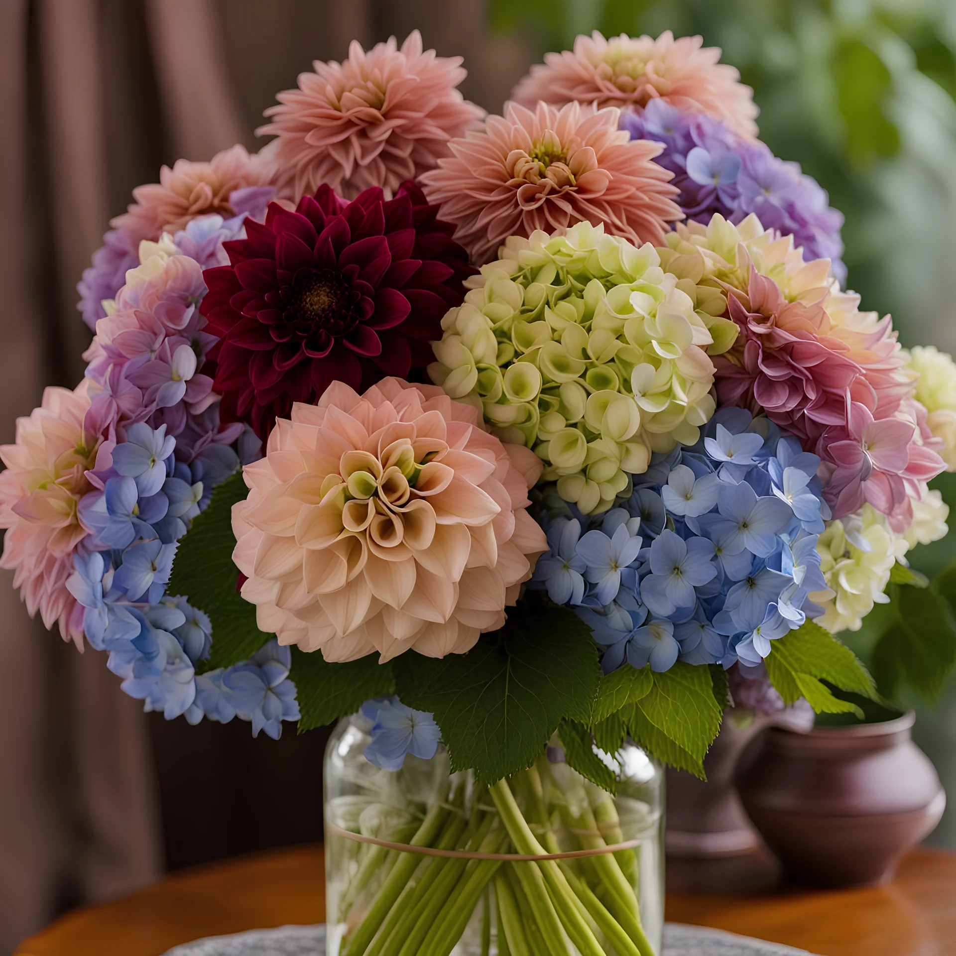 Nice bouquet of hydrangea and dahlias in a nice flower vase on a table