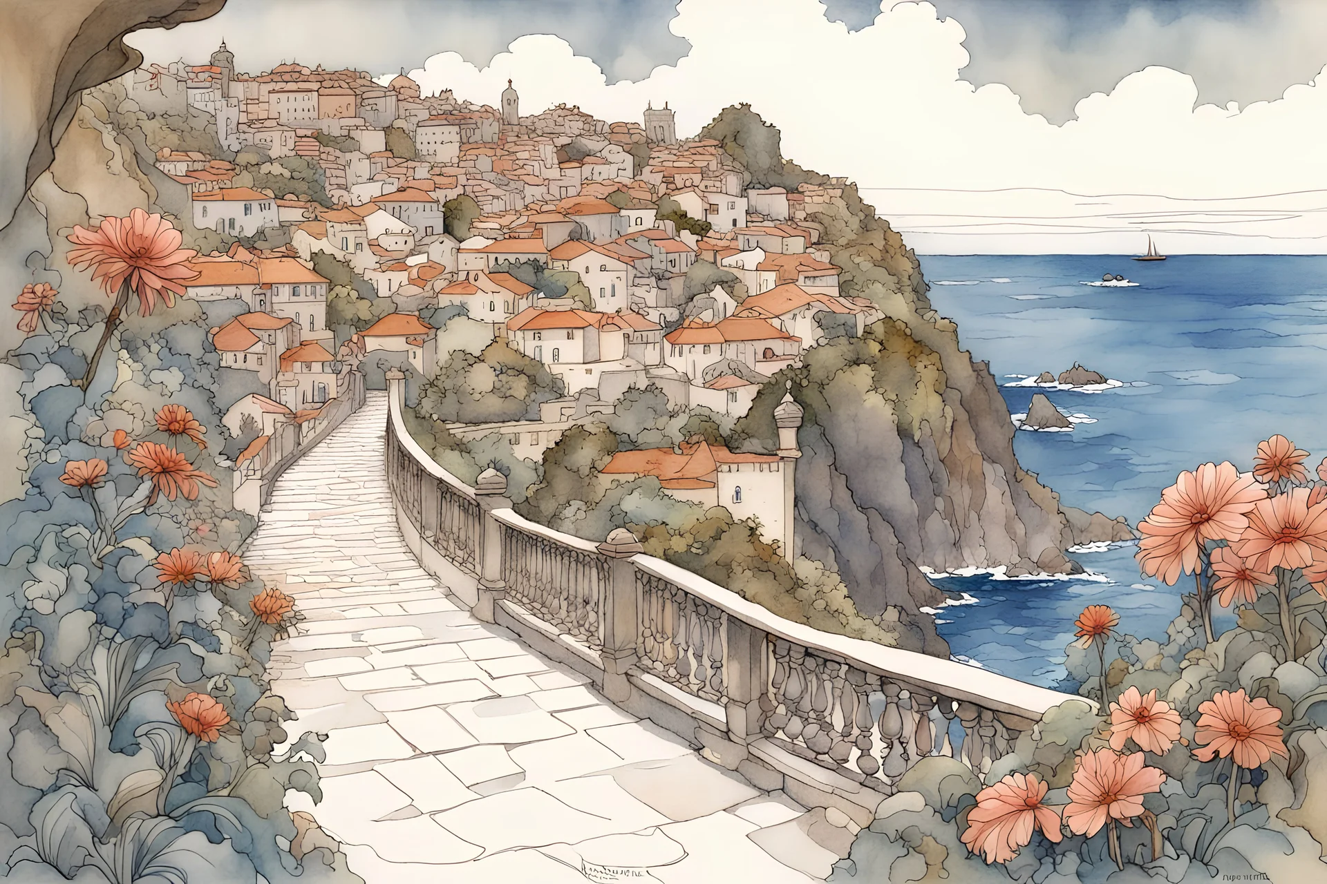 Madeira flower island village line art in the style of Aubrey Beardsley and watercolor in the style of Arthur rakham, View onto the ocean, cobbled walkways extremely detailed intricate vibrant beautiful dynamic lighting fantastic view high definition crisp quality Alphonse Mucha watercolor