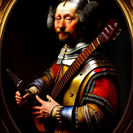 rembrandt painting of an alien playing a guitar, 6 strings, fingers