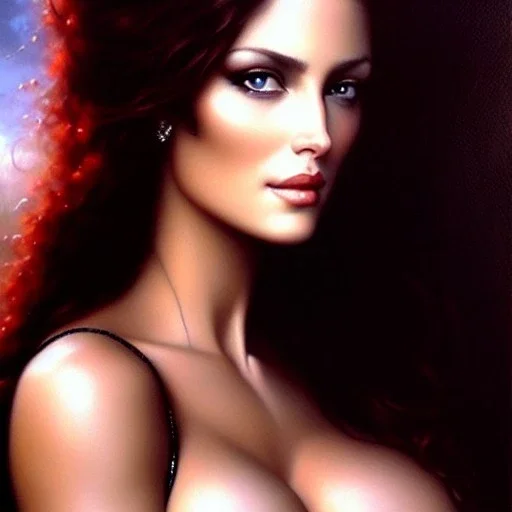 portrait of beautiful busty Catherine Zata Jones painting by azpiri,Brom,Luis Royo oil on canvas, cinematic composition, extreme detail,fit full head inside picture