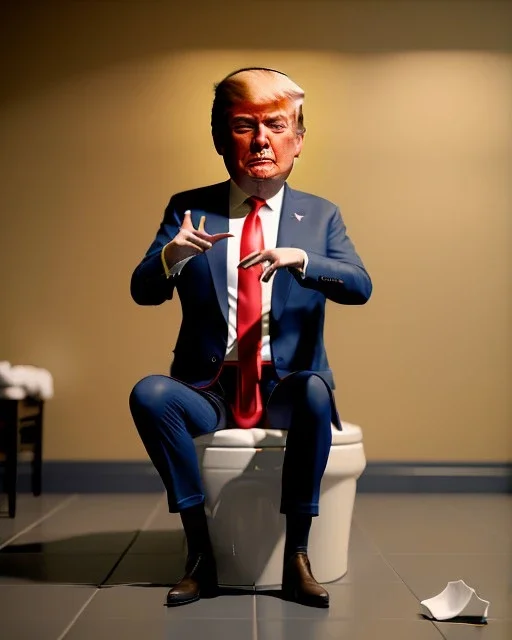 donald trump sitting with his pants down and defecating in a toilet, realistic photo, concept art, smooth, unreal engine 5, god lights, ray tracing, RTX, lumen lighting, ultra detail, volumetric lighting, 3d.