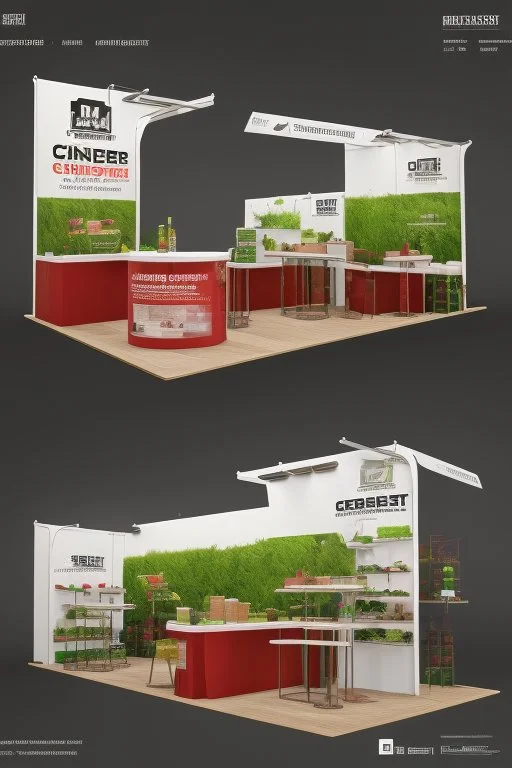 Corner green exhibition stand of a food company with product displays and a meeting area