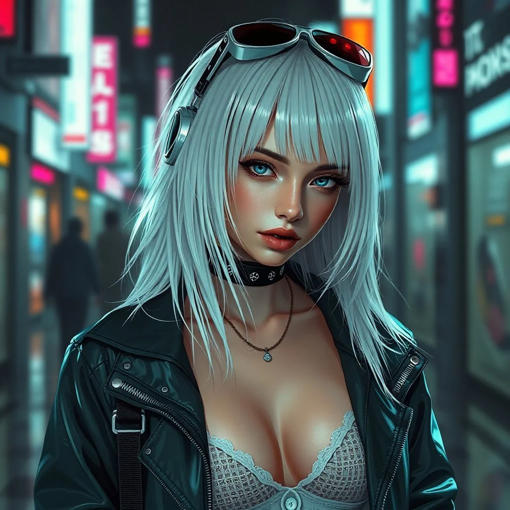 a cyberpunk woman in streetwear, elegant and ethereal, pale hair, secretly robotic, digital art