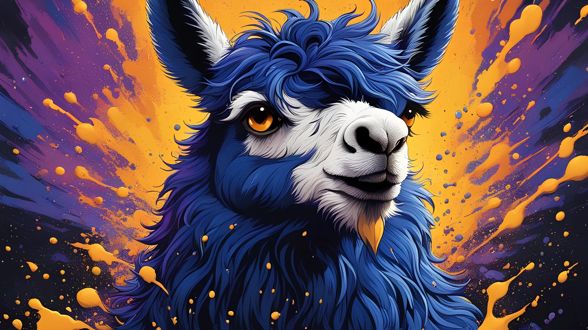 dark blue with purple shades, splatter of yellow and orange, spitting white llama, solo portrait, masterpiece, best quality, vivid colors, 35mm film, 8k uhd, hdr, Mab Graves vs Dan Mumford, realistic, Jack Hughes, intricately detailed eyes, splashy splash, detailed hair, intricate details in hair, Hajime no Ippo, Miho Hirano, Ryan Hewett, extremely detailed