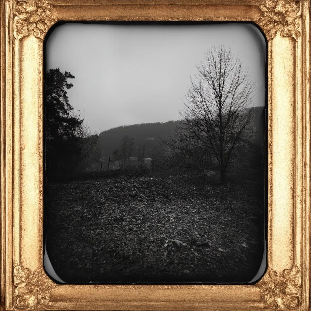 Daguerrotype frame old landscape odd creepy obsessive great nostalgia weird, old postcard landscape, cespugli, sfocato, sentiero, osceno, dettagli della cornice molto accentuati, polvere, horror, tridimensional