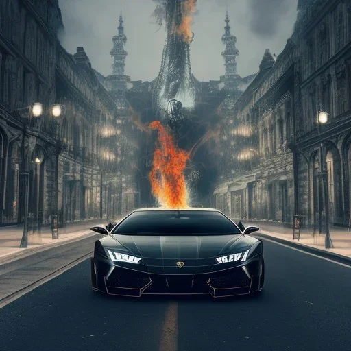 Fire head skeleton Rider wearing a black leather on black Lamborghini in the middle of street rounded by high tower in a City