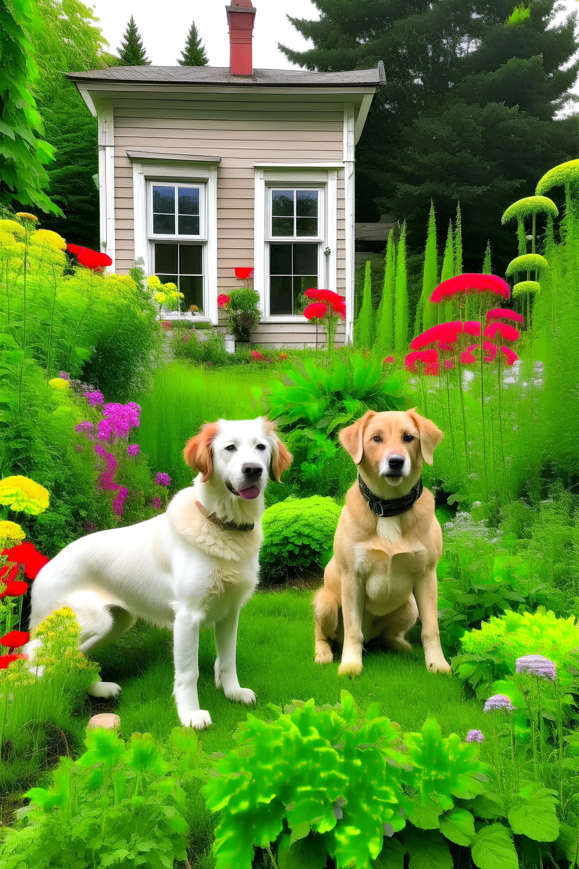 Two dogs, a garden, a house.