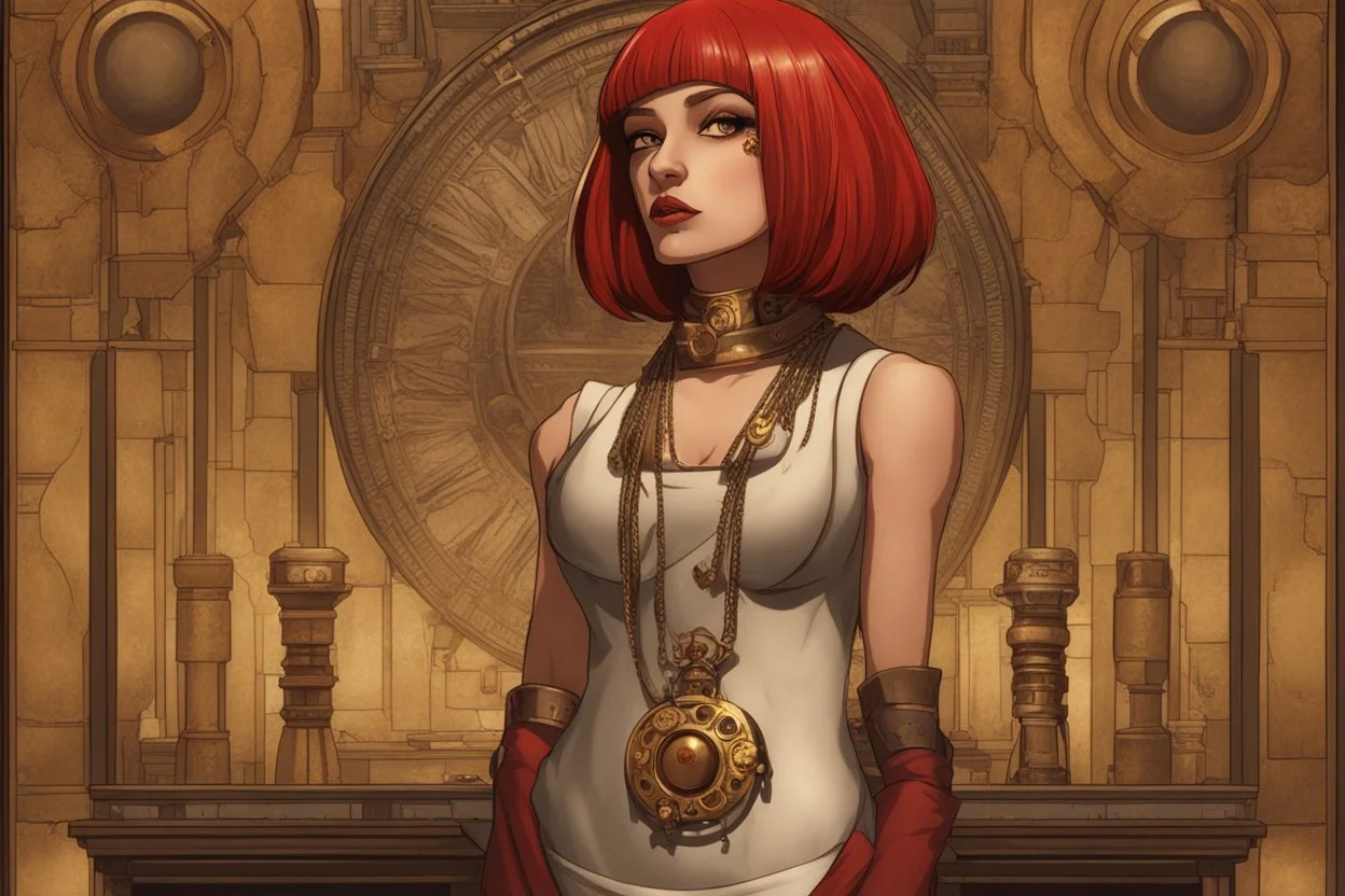 a skinny Cleopatra, with a bob red hairstyle, standing in a steampunk setting.