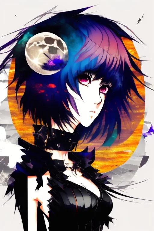 Explosive abstract collage style image of a beautiful anime girl, beautiful hair and features, dramatic, pieces of cloth material, textured moon in background, bob wire, gothic surroundings, textures