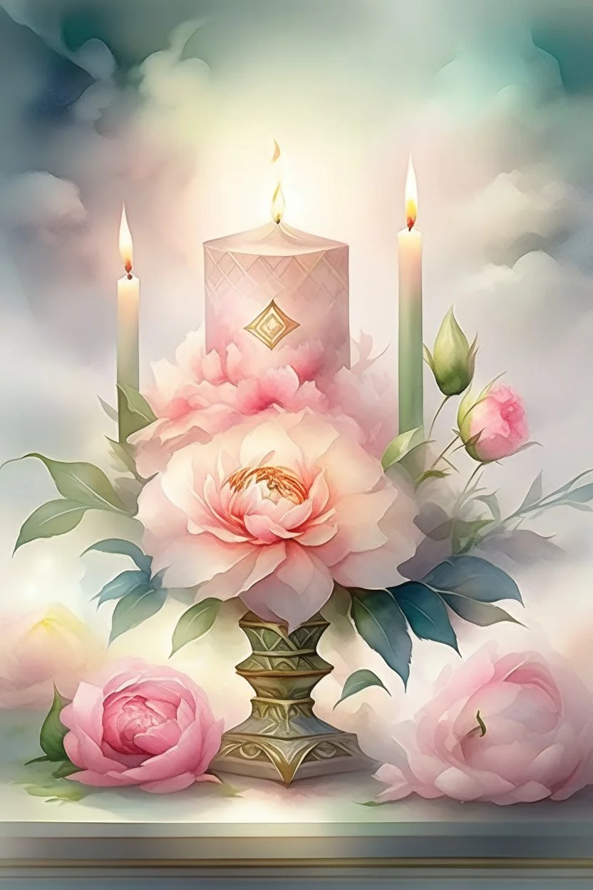 MAGIC A PYRAMID CANDLE IS BURNING AROUND WONDERFUL FLOWERS English watercolor, Smoky cream, pale gray, pale pink, pink background. bright light, a bouquet of roses on the table are pale pink, pale bordeaux, white, ochre. green stems, the light is translucent. Watercolor, fine ink drawing, peonies in an hourglass, elegant gold inlay, rich interior