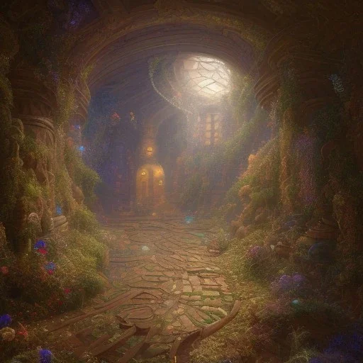 A luminous and magical trapdoor made of light, people standing in front of it and passing through the portal to enter another world, Peter Merbacher, Thomas Kincaid and Raphael Lacoste, masterpiece, illustration, many details, small details, intricate, popular at the station Art, painting with details and full HD components, 4K, 8K, 16K