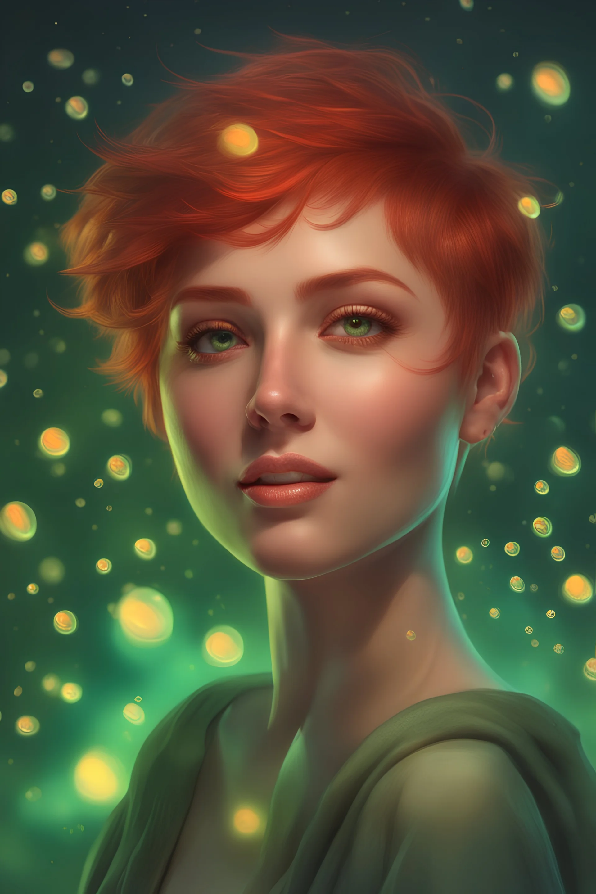 3D Bubbles, Floating hearts with an electrical current, fog, clouds, somber, ghostly mountain peaks, a flowing river of volcanic Lava, fireflies, a close-up, facial portrait of a totally gorgeous woman with short, buzz-cut, pixie-cut red hair tapered on the sides, wide open, green eyes, smiling a big bright happy smile, in the art style of Boris Vallejo