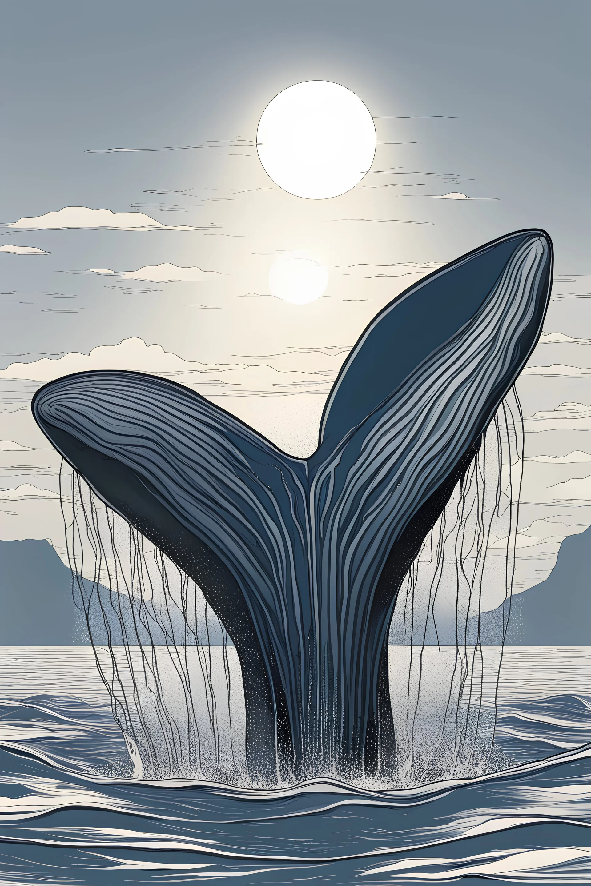 A majestic blue whale breaches the surface of a calm ocean, revealing its intricate barnacles against the setting sun., white background, sketch style ,only use outline, clean line art , white background, no shadows and well outlined, black and white