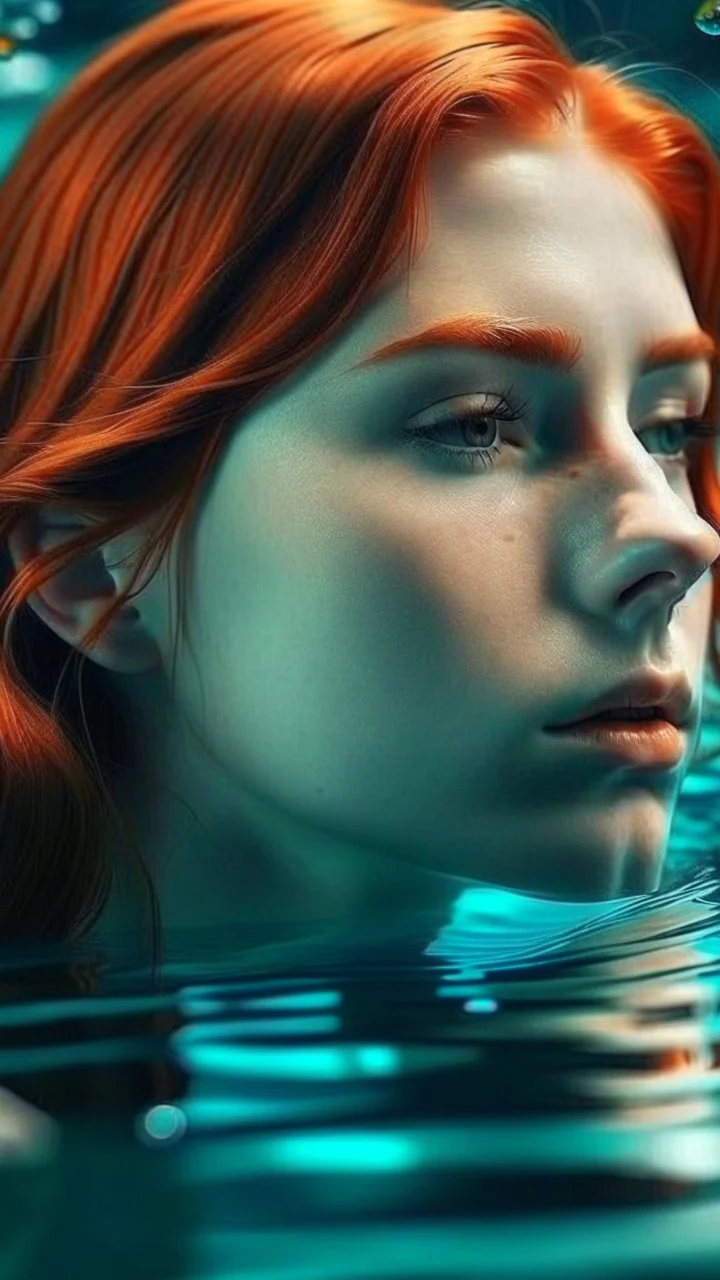 beautiful girl with red hair dreaming of a water world and can see a man reflect in the water
