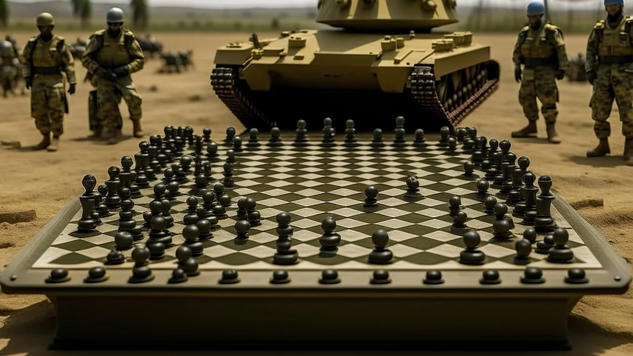 A chessboard with holes on it with Israeli tanks and soldiers on it