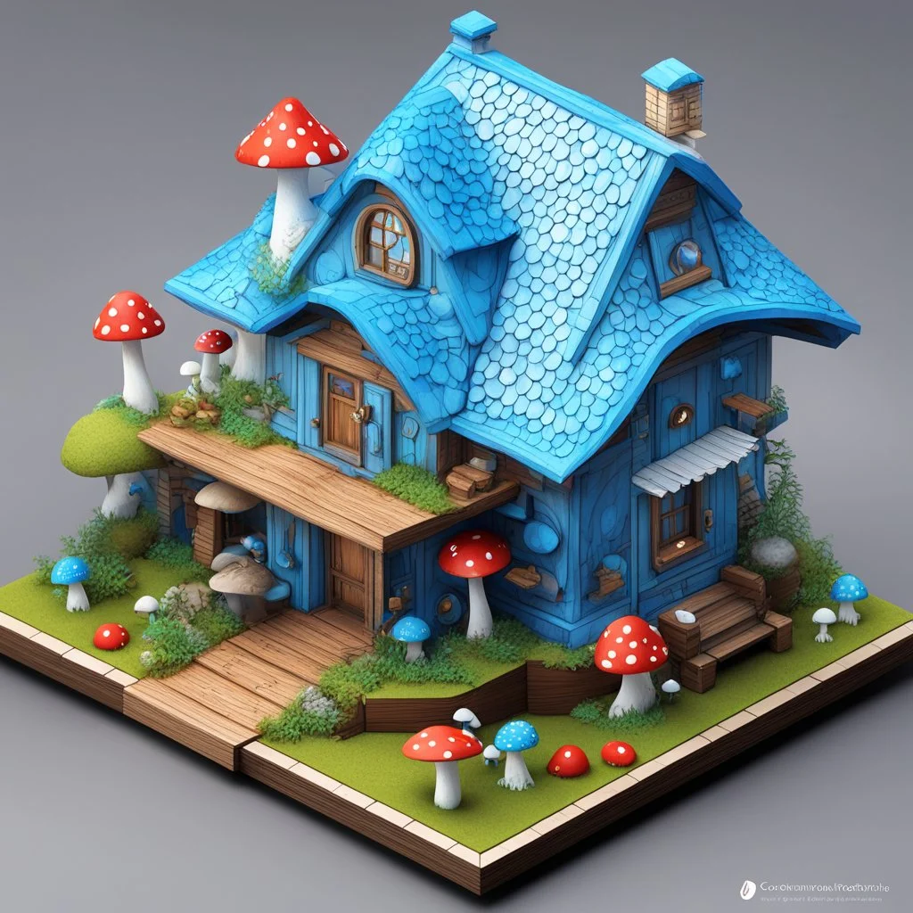 a Detailed Model of diagrams and instructions for creating digital paper houses. A detailed isometric digital illustration. The central focus is a miniature, intricately detailed Miniature Schtroumpfs Smurfs large hollowed-out mushroom style house with gloomy mushrooms outside