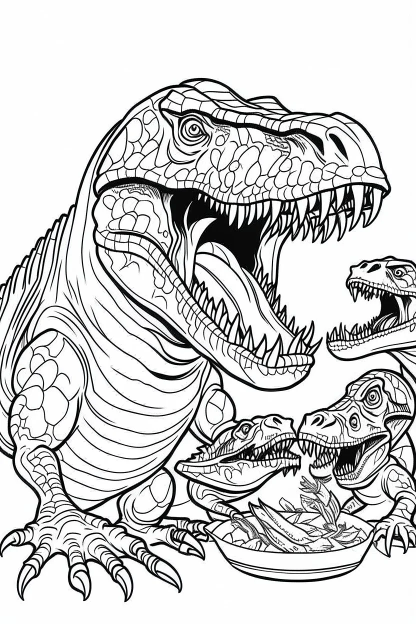 A coloring page, white background T-Rex regurgitating food for its hungry offspring, with the babies eagerly feeding from their parent's mouth. ink drawing clipart, simple line illustrations, colored