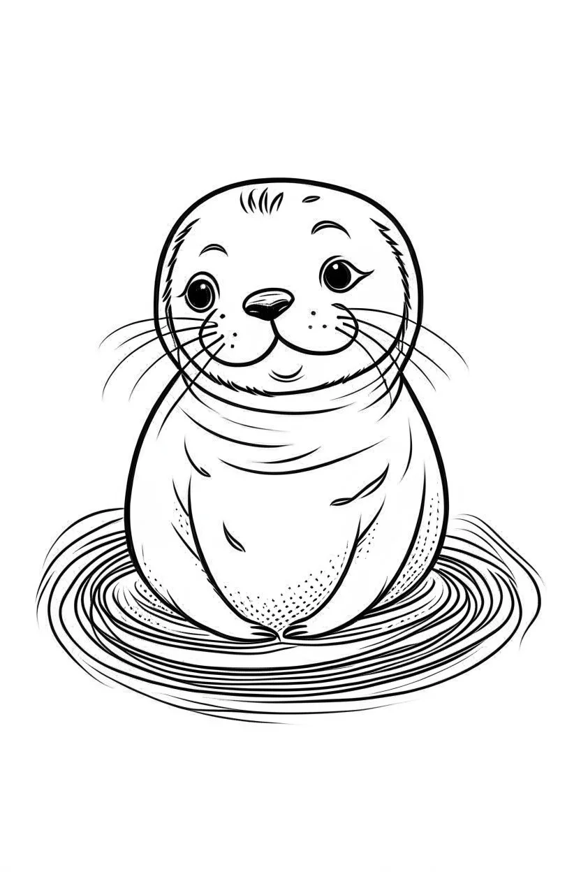 cute coloring page, sketch style, cute baby seal in the ice, cute cartoon, white and black, withe background, no shadows, outline.