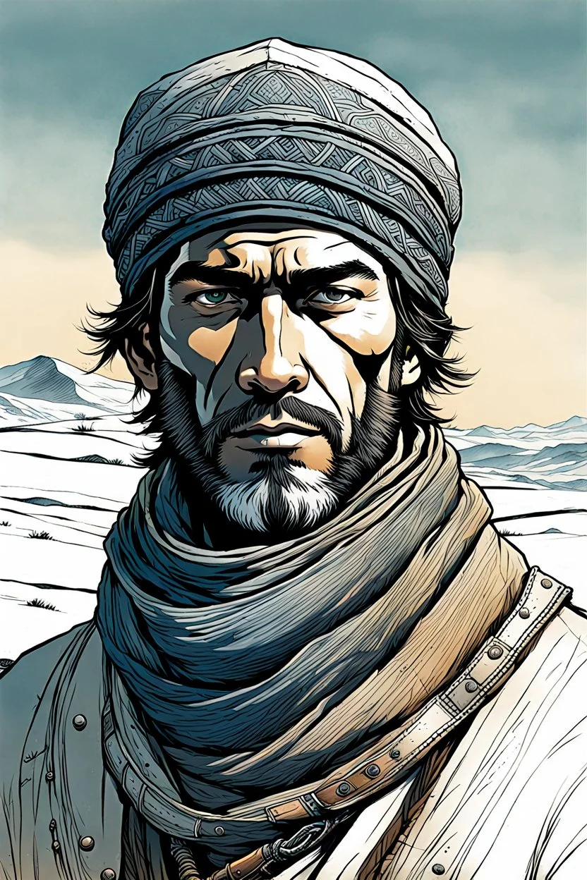 create a front facing, portrait illustration of an young, otherworldly lost Siberian nomadic wanderer with highly detailed, sharply lined and deeply weathered facial features in a desolate tundra steppe landscape in the comic art style of Enki Bilal, precisely drawn, finely lined and inked in natural winter tundra colors