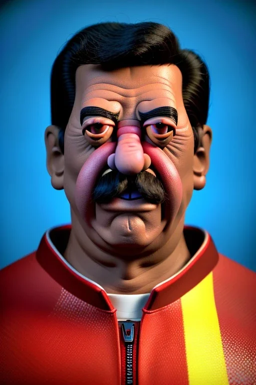 Waist up muppet Portrait, Nicolas maduro us muppet doll, Venezuelan president, tracksuit red blue and yellow, mustache, photo studio, red background, unreal engine 5, concept art, art station, ray tracing, lumen lighting, ultra detail, volumetric lighting, 3d.