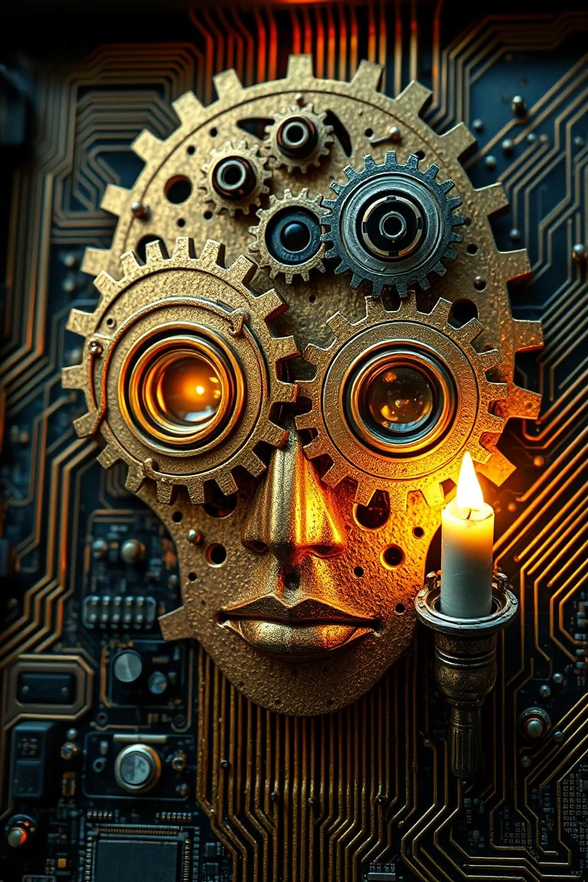 A mechanical click gears in the shape of humane Al Face with golden texture reflecting a dim light from a candle source, Dali style , Busch painting style with computer motherboard filled with chips and electronic components in the background .with to cameras lenses as Eyes