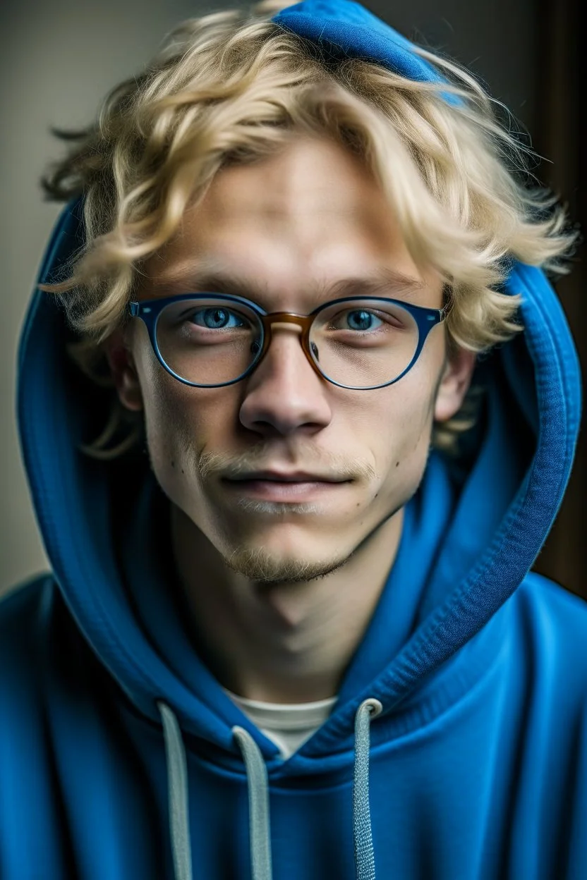 An adult man with glasses, fluffy blonde hair, wearing a blue hoodie