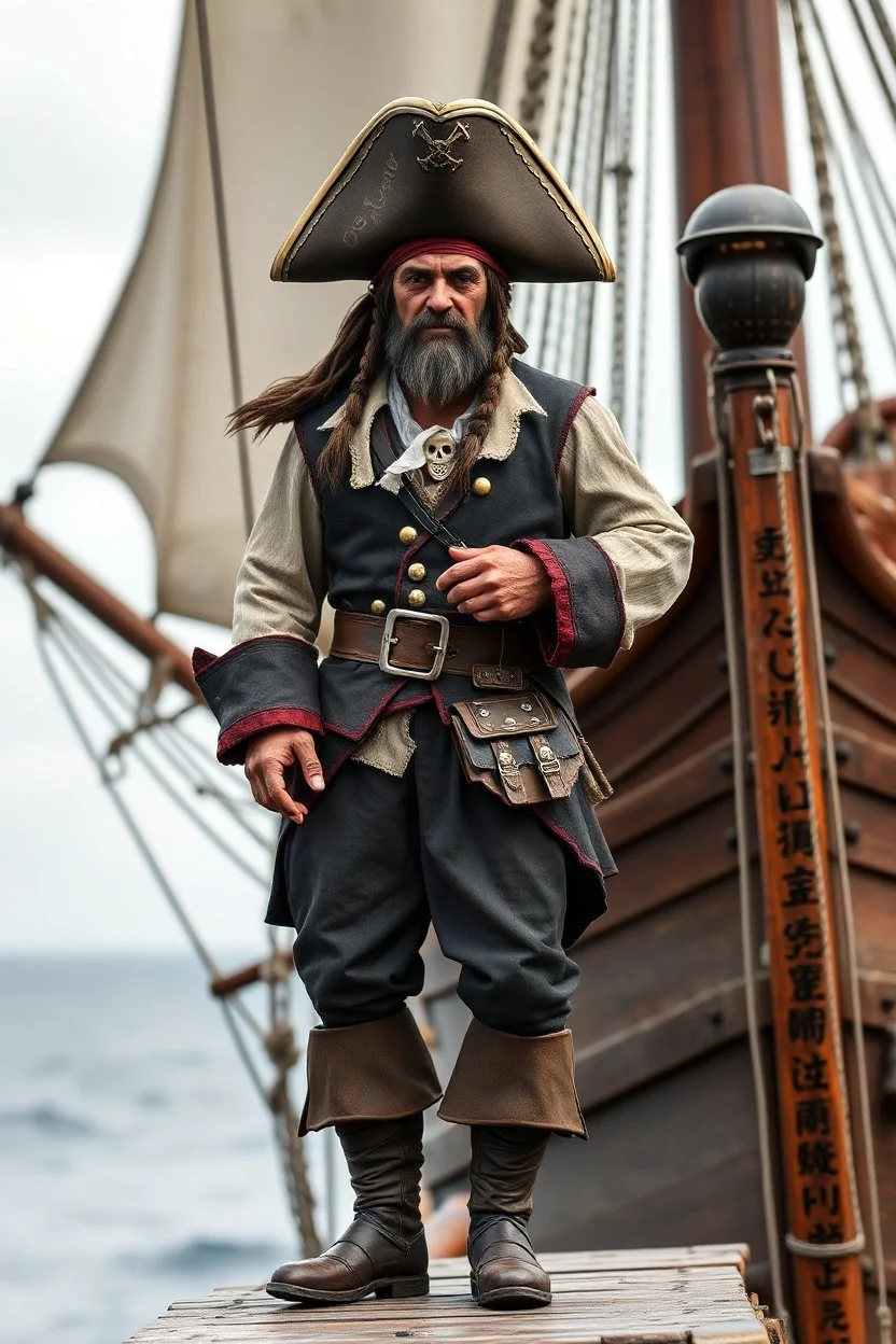 ,make a pirate but very realistic. Make it wearing a pirate dress standing by the ship stern